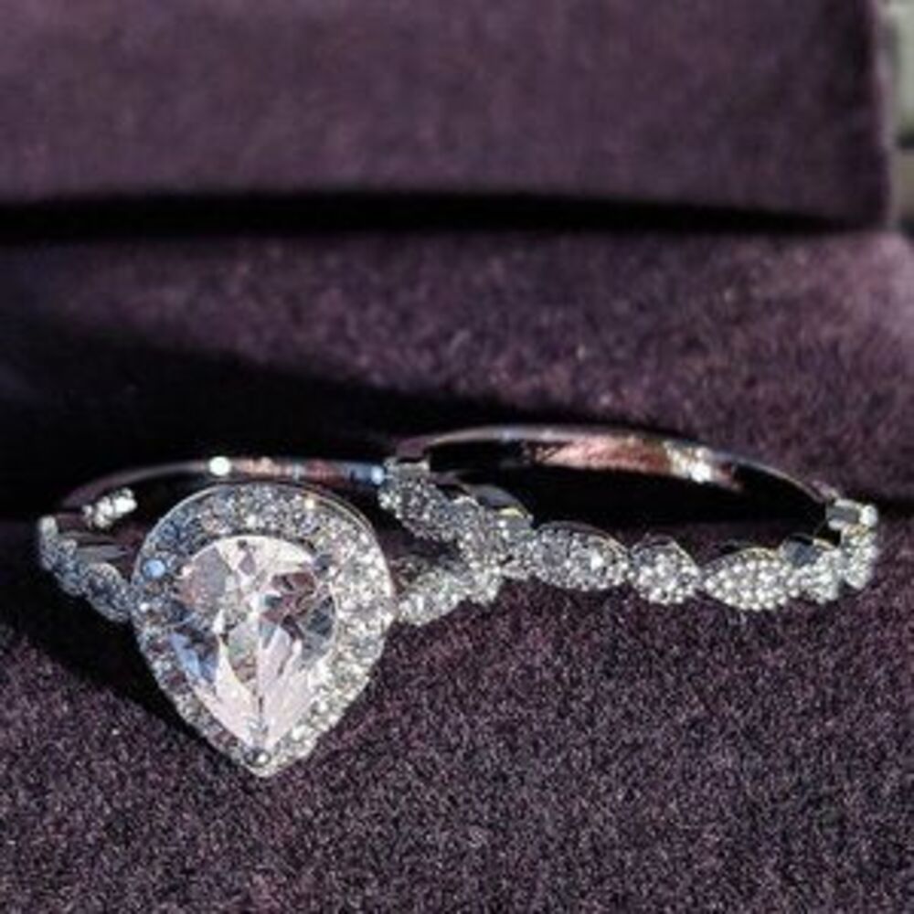 NEW Teardrop Halo Diamond Sterling Silver Ring Set